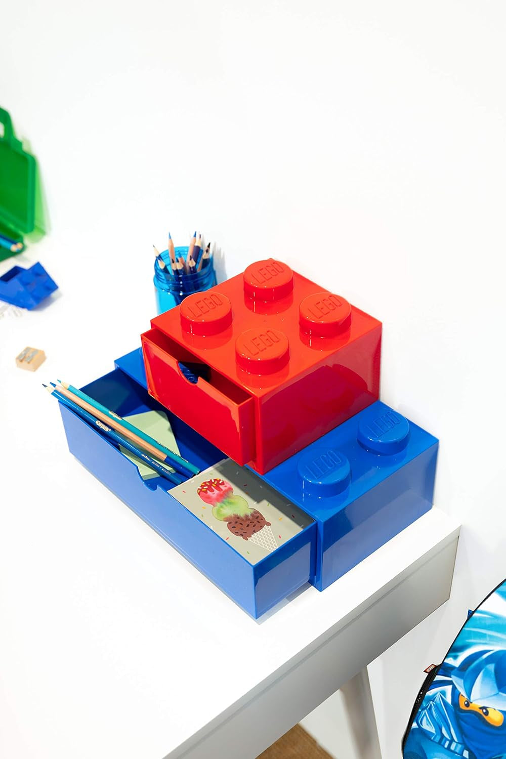 LEGO Storage Brick 4 Desk Drawer, 4-Stud Stackable Tabletop Storage Box, 6.2 X 6.2 X 4.4 In, Blue