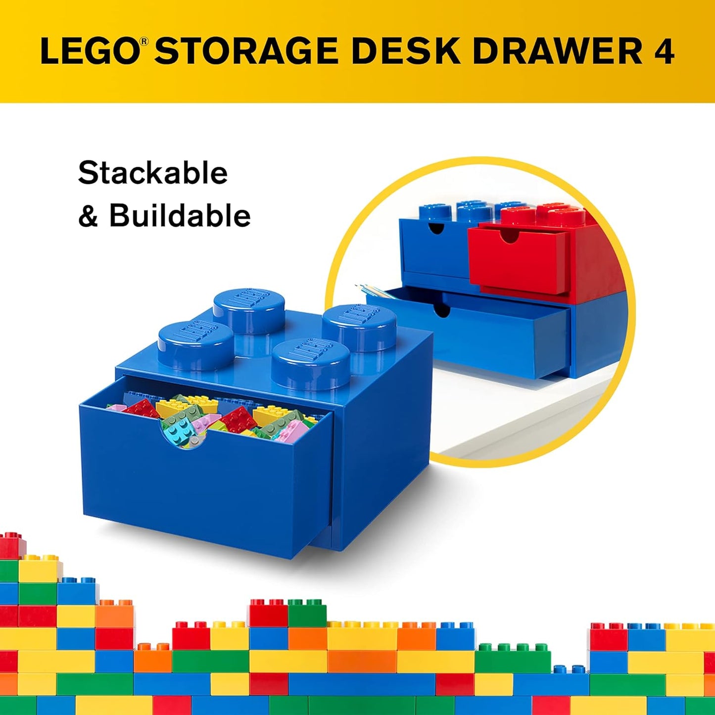 LEGO Storage Brick 4 Desk Drawer, 4-Stud Stackable Tabletop Storage Box, 6.2 X 6.2 X 4.4 In, Blue