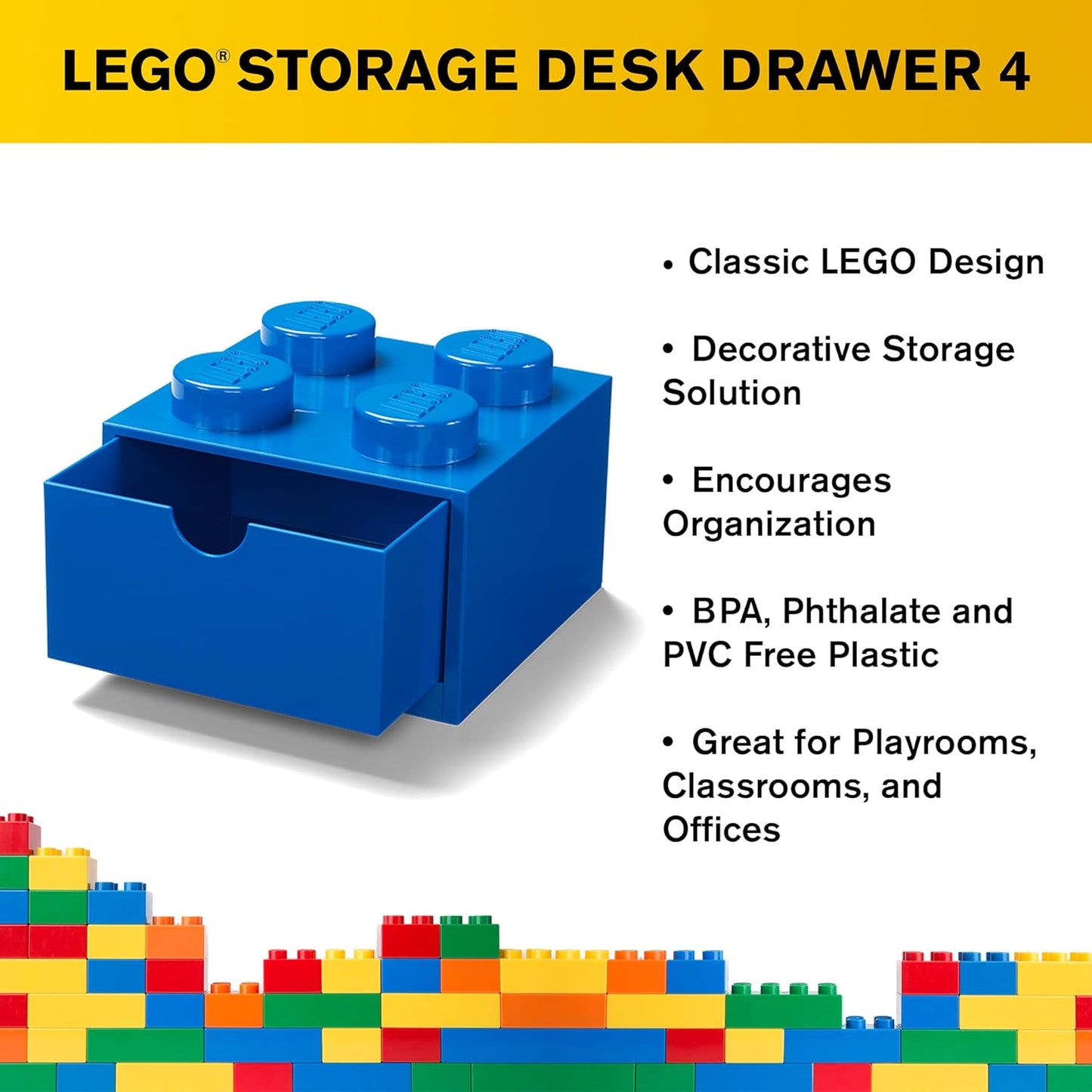 LEGO Storage Brick 4 Desk Drawer, 4-Stud Stackable Tabletop Storage Box, 6.2 X 6.2 X 4.4 In, Blue