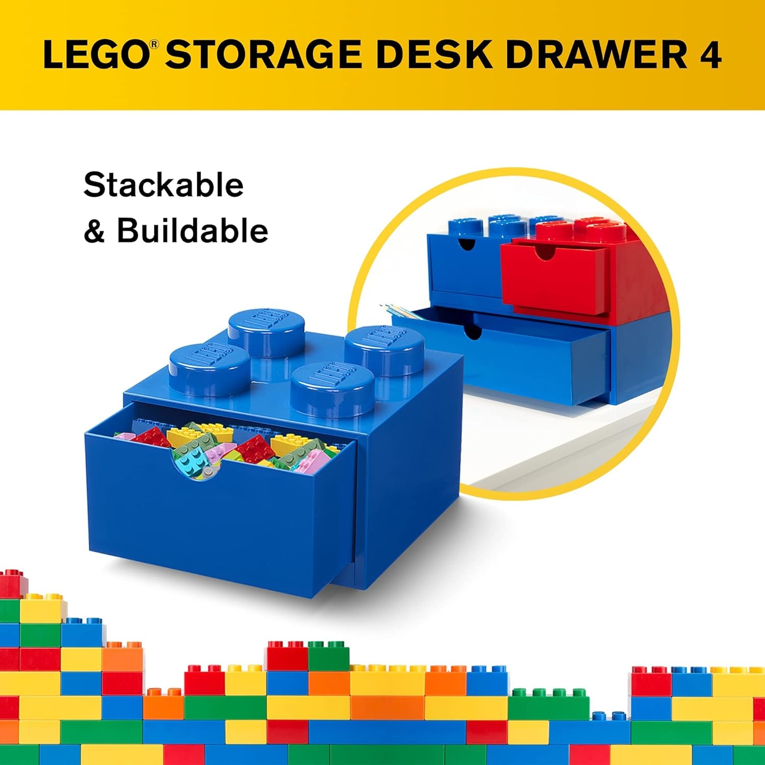 LEGO Storage Brick 4 Desk Drawer, 4-Stud Stackable Tabletop Storage Box, 6.2 X 6.2 X 4.4 In, Blue